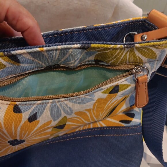Franco Sarto Canvas Sunflower Floral Print Satchel Bag โ Blue Handles โ Medium - Picture 9 of 12